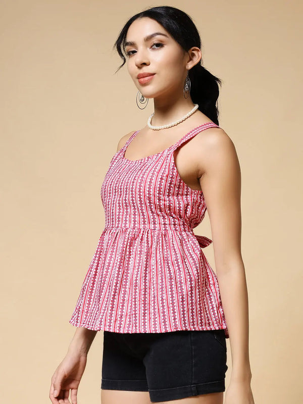 Istyle Can Peach Jaipuri Cotton Printed Scoop Neck Strappy Sleeveless Top for Women My Store
