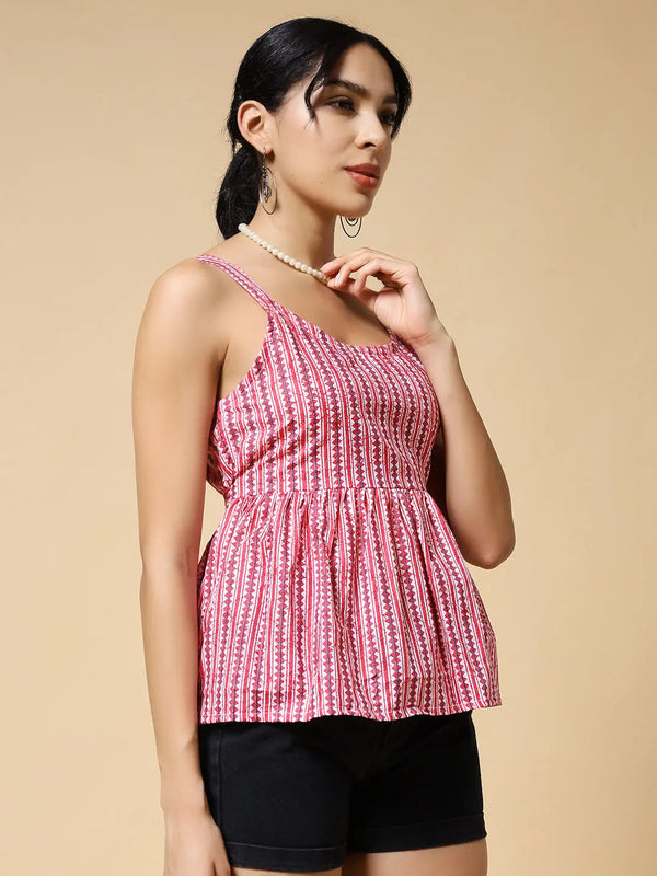 Istyle Can Peach Jaipuri Cotton Printed Scoop Neck Strappy Sleeveless Top for Women My Store