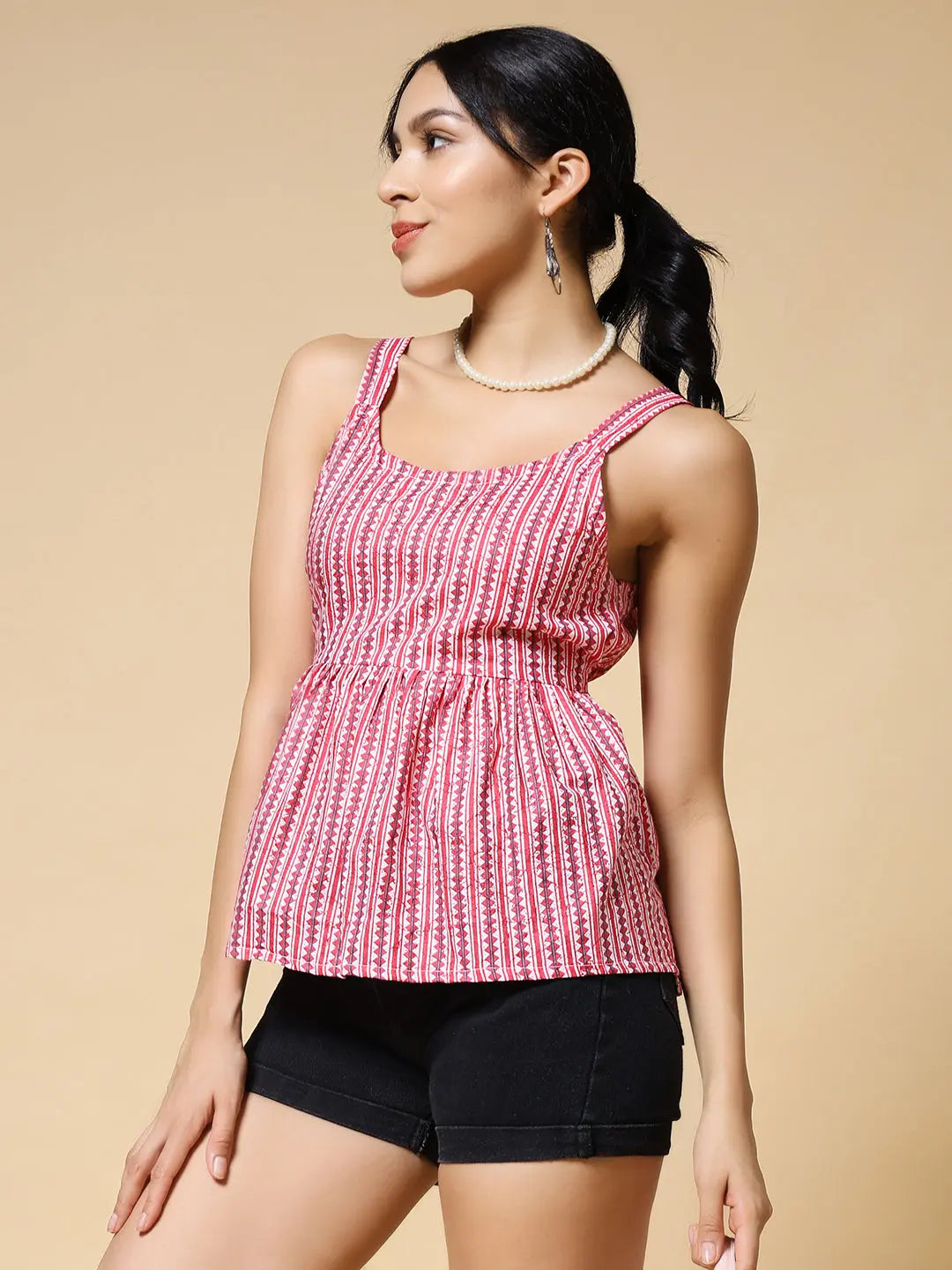Istyle Can Peach Jaipuri Cotton Printed Scoop Neck Strappy Sleeveless Top for Women My Store