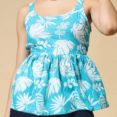 Istyle Can Sky Blue Tropical Jaipuri Cotton Printed Scoop Neck Strappy Sleeveless Top for Women My Store