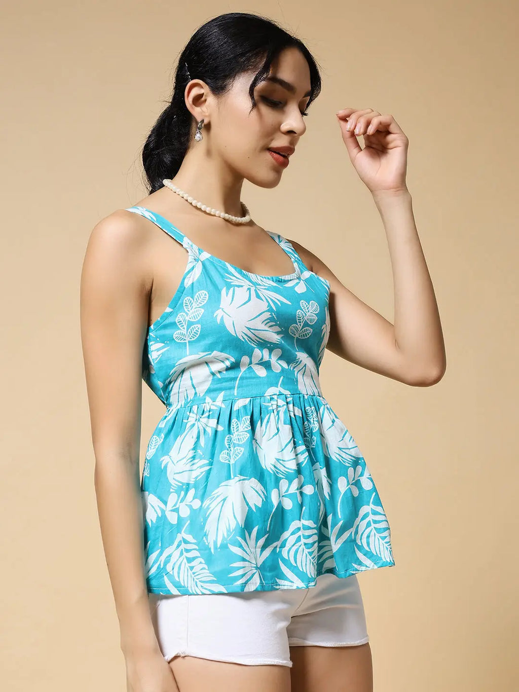 Istyle Can Sky Blue Tropical Jaipuri Cotton Printed Scoop Neck Strappy Sleeveless Top for Women My Store