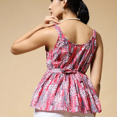 Istyle Can Peach Multicolor Floral Vine Jaipuri Cotton Printed Scoop Neck Strappy Sleeveless Top for Women My Store