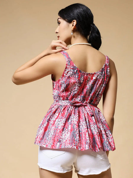 Istyle Can Peach Multicolor Floral Vine Jaipuri Cotton Printed Scoop Neck Strappy Sleeveless Top for Women My Store