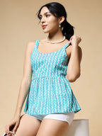 Istyle Can Sky Blue Jaipuri Cotton Printed Scoop Neck Strappy Sleeveless Top for Women My Store