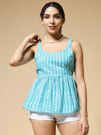 Istyle Can Sky Blue Jaipuri Cotton Printed Scoop Neck Strappy Sleeveless Top for Women My Store