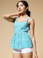 Istyle Can Sky Blue Jaipuri Cotton Printed Scoop Neck Strappy Sleeveless Top for Women My Store