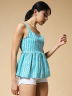 Istyle Can Sky Blue Jaipuri Cotton Printed Scoop Neck Strappy Sleeveless Top for Women My Store