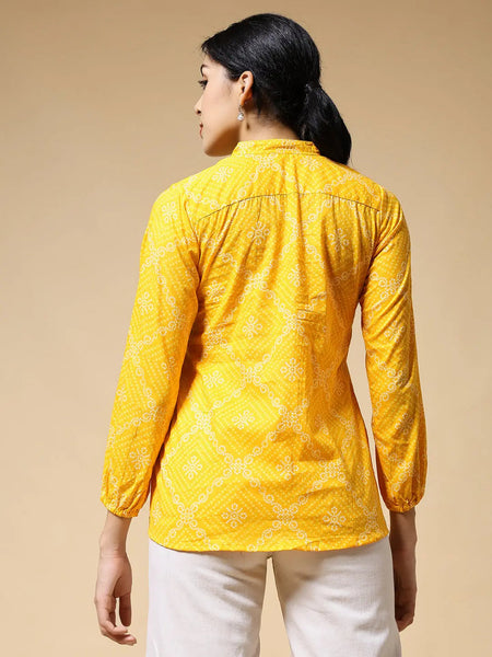 Istyle Can Bandhej Yellow Cotton Women's Regular Fit Mandarin Collar Full Sleeve Printed Top My Store