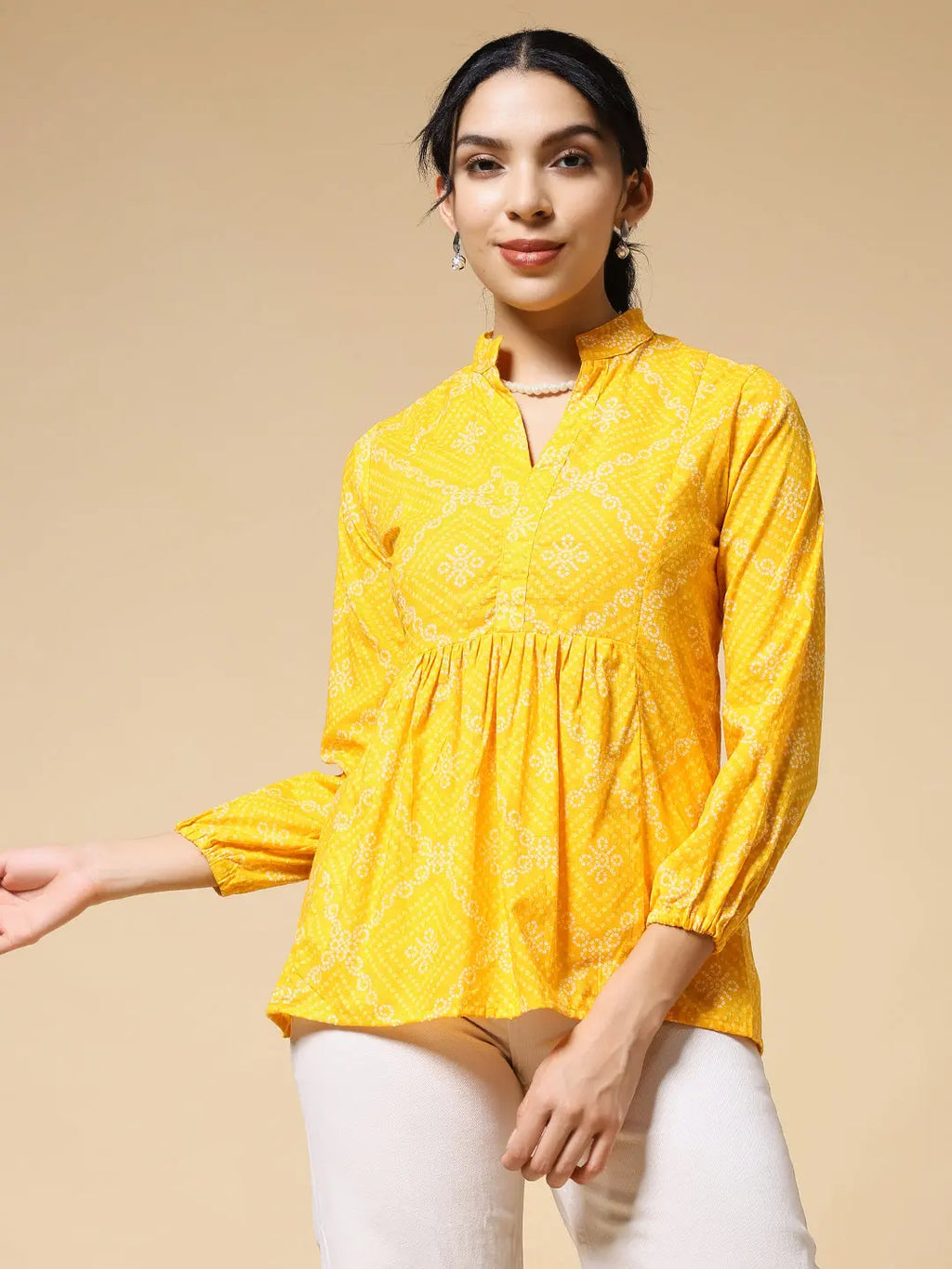 Istyle Can Bandhej Yellow Cotton Women's Regular Fit Mandarin Collar Full Sleeve Printed Top My Store
