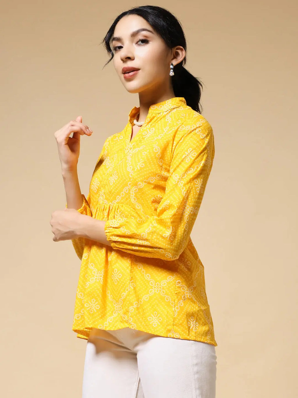 Istyle Can Bandhej Yellow Cotton Women's Regular Fit Mandarin Collar Full Sleeve Printed Top My Store