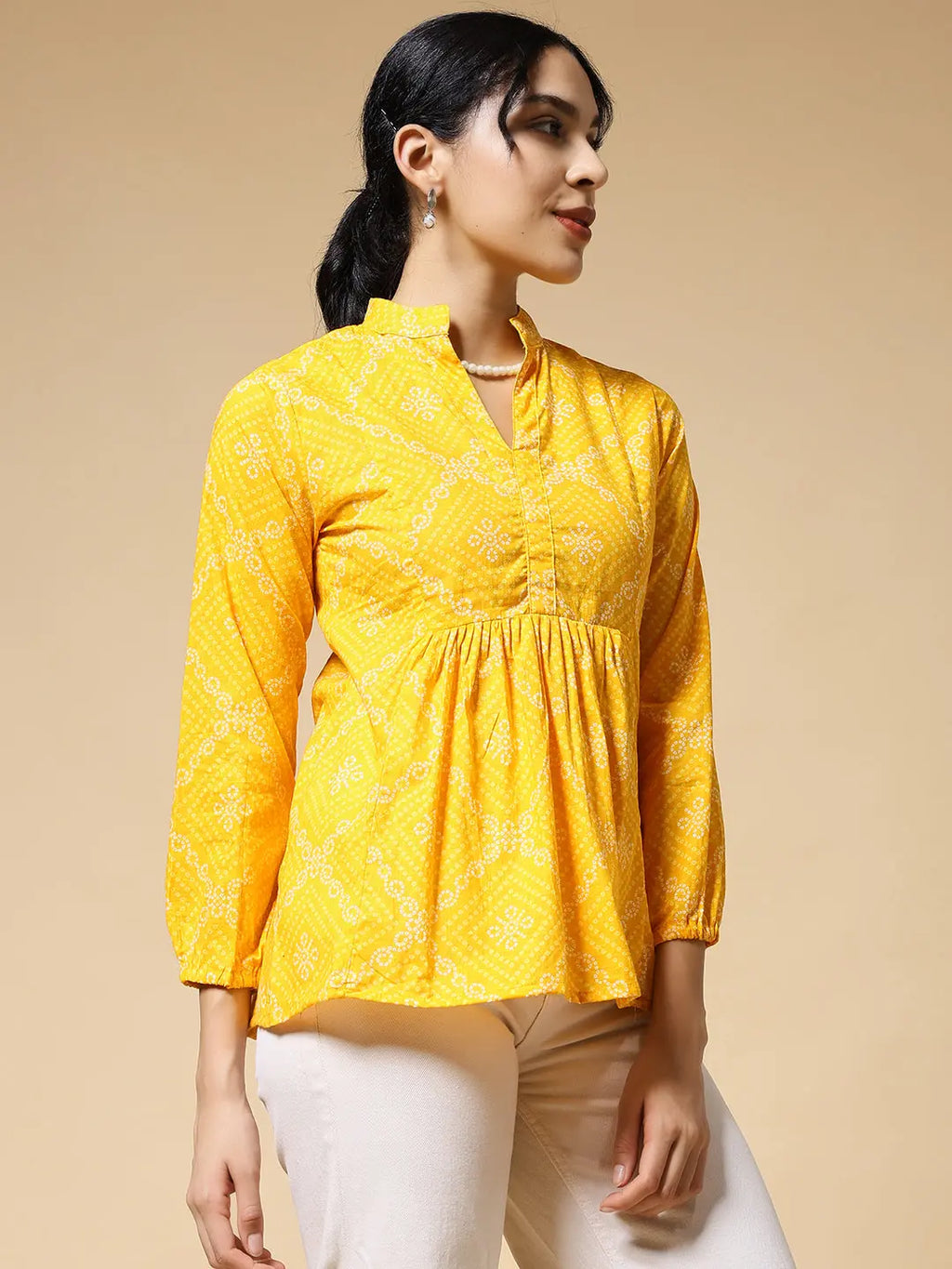 Istyle Can Bandhej Yellow Cotton Women's Regular Fit Mandarin Collar Full Sleeve Printed Top My Store