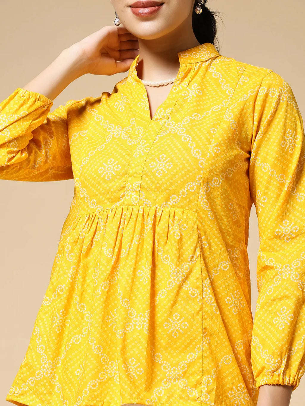Istyle Can Bandhej Yellow Cotton Women's Regular Fit Mandarin Collar Full Sleeve Printed Top My Store