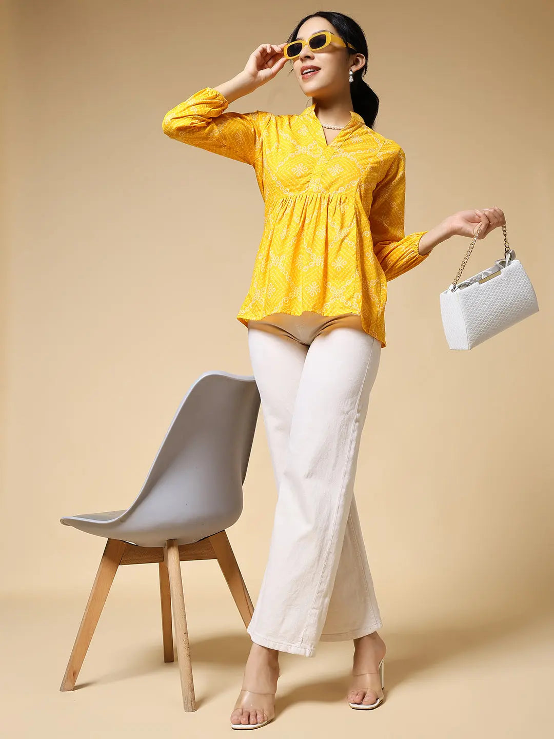 Istyle Can Bandhej Yellow Cotton Women's Regular Fit Mandarin Collar Full Sleeve Printed Top My Store