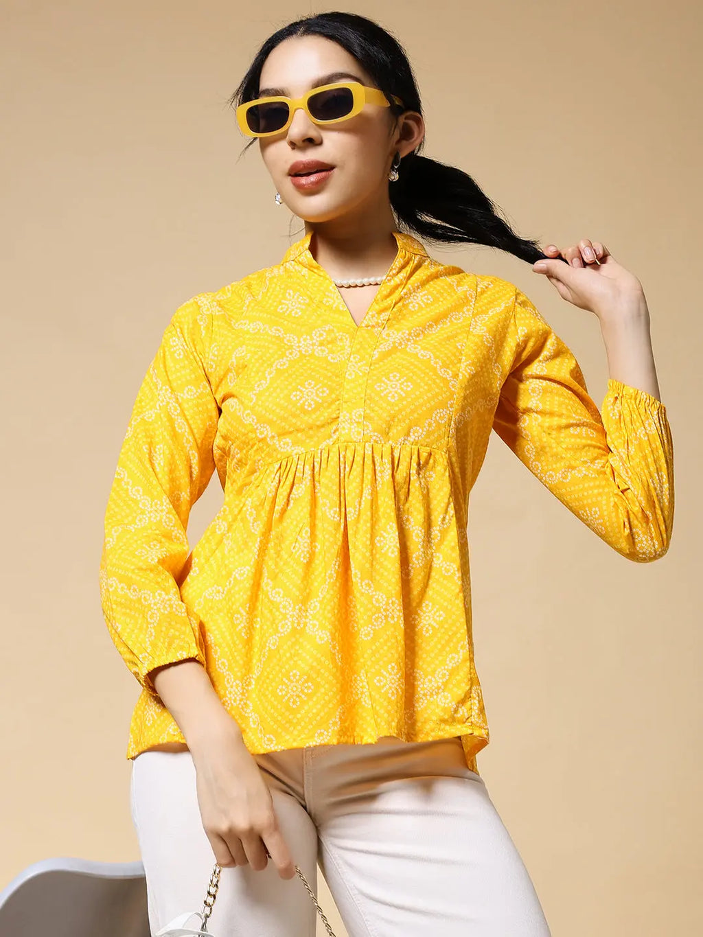 Istyle Can Bandhej Yellow Cotton Women's Regular Fit Mandarin Collar Full Sleeve Printed Top My Store