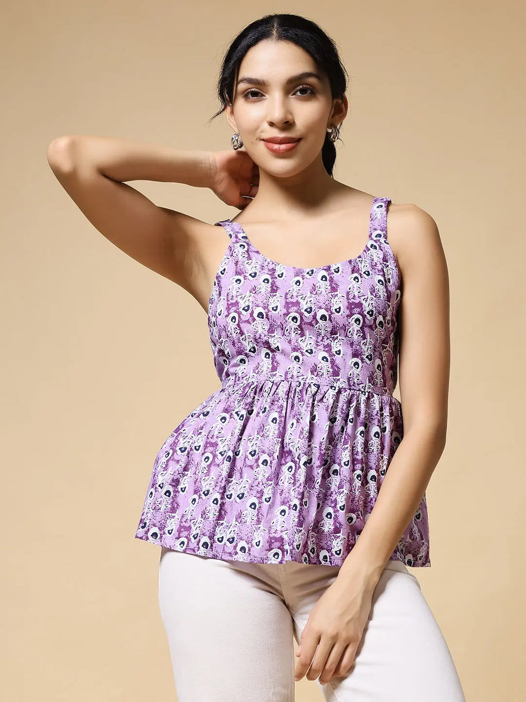 Istyle Can Purple Peacock Motif Jaipuri Cotton Printed Scoop Neck Strappy Sleeveless Top for Women My Store