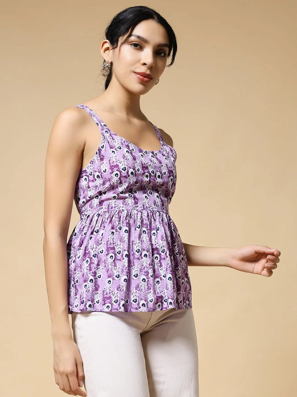 Istyle Can Purple Peacock Motif Jaipuri Cotton Printed Scoop Neck Strappy Sleeveless Top for Women My Store
