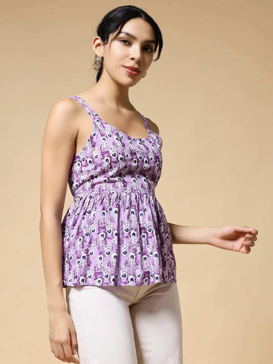 Istyle Can Purple Peacock Motif Jaipuri Cotton Printed Scoop Neck Strappy Sleeveless Top for Women My Store