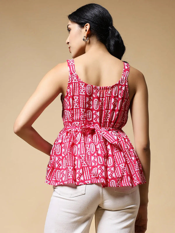 Istyle Can Pink Tribal Geometric Jaipuri Cotton Printed Scoop Neck Strappy Sleeveless Top for Women My Store