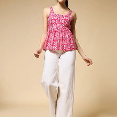 Istyle Can Pink Tribal Geometric Jaipuri Cotton Printed Scoop Neck Strappy Sleeveless Top for Women My Store