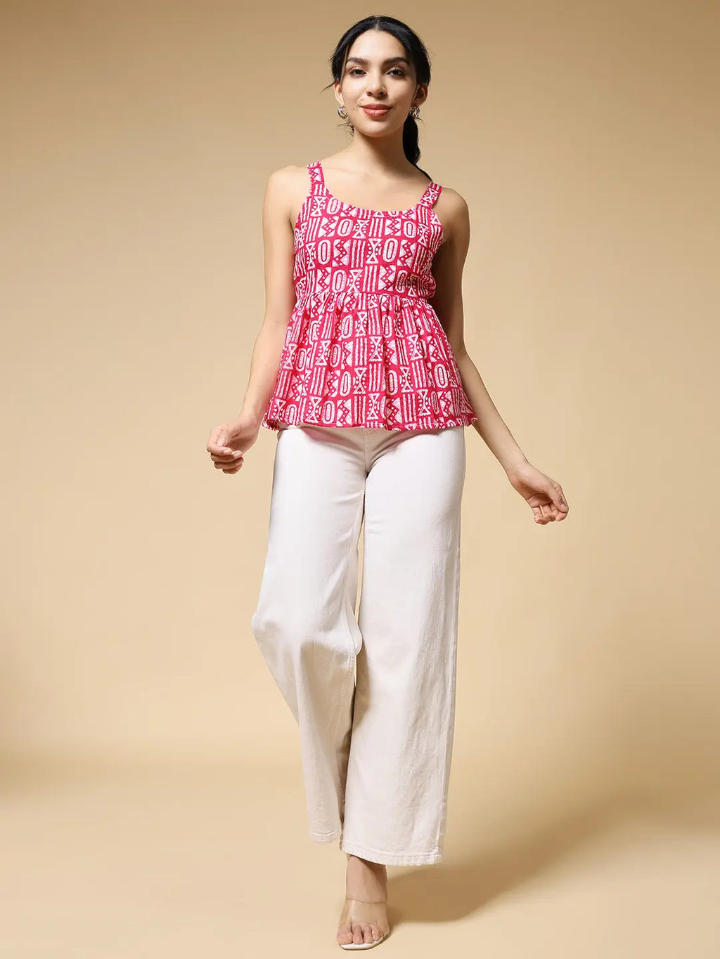 Istyle Can Pink Tribal Geometric Jaipuri Cotton Printed Scoop Neck Strappy Sleeveless Top for Women My Store