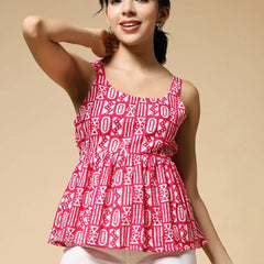 Istyle Can Pink Tribal Geometric Jaipuri Cotton Printed Scoop Neck Strappy Sleeveless Top for Women My Store