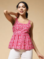 Istyle Can Pink Tribal Geometric Jaipuri Cotton Printed Scoop Neck Strappy Sleeveless Top for Women My Store