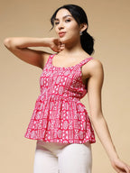 Istyle Can Pink Tribal Geometric Jaipuri Cotton Printed Scoop Neck Strappy Sleeveless Top for Women My Store