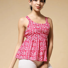 Istyle Can Pink Tribal Geometric Jaipuri Cotton Printed Scoop Neck Strappy Sleeveless Top for Women My Store