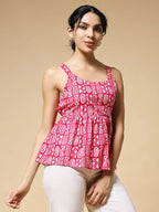 Istyle Can Pink Tribal Geometric Jaipuri Cotton Printed Scoop Neck Strappy Sleeveless Top for Women My Store