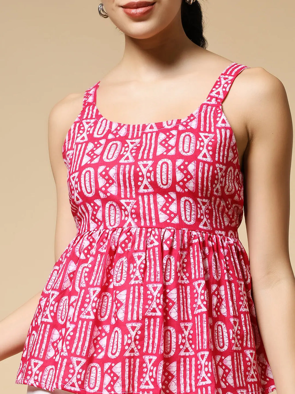 Istyle Can Pink Tribal Geometric Jaipuri Cotton Printed Scoop Neck Strappy Sleeveless Top for Women My Store