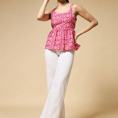 Istyle Can Pink Tribal Geometric Jaipuri Cotton Printed Scoop Neck Strappy Sleeveless Top for Women My Store