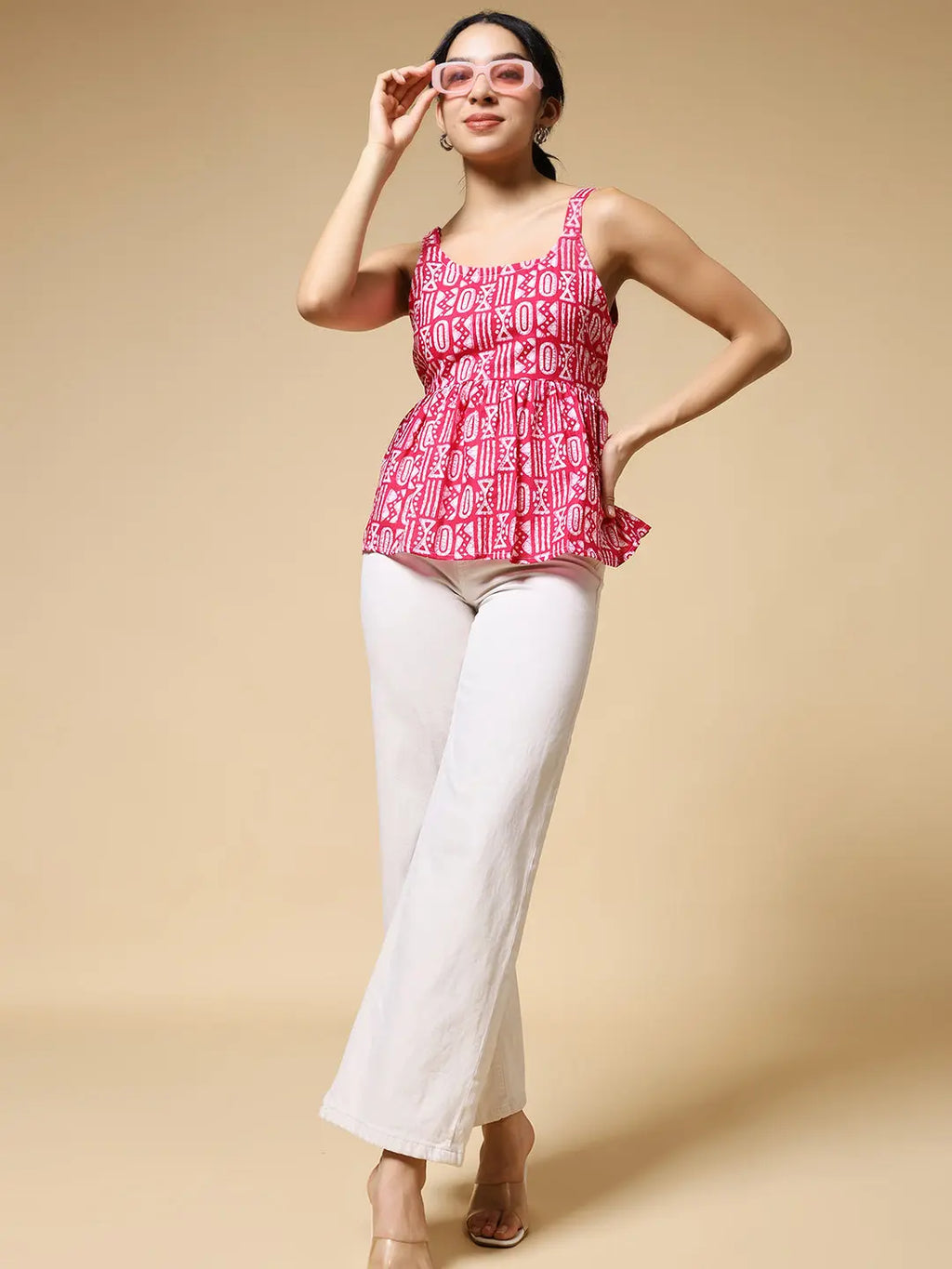 Istyle Can Pink Tribal Geometric Jaipuri Cotton Printed Scoop Neck Strappy Sleeveless Top for Women My Store