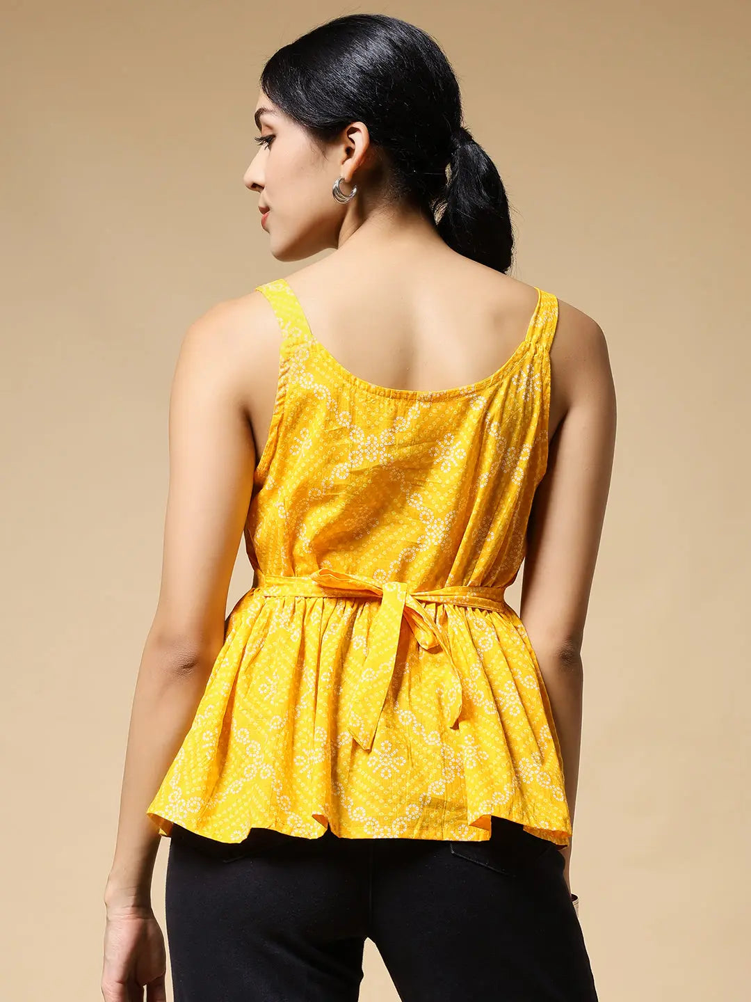 Istyle Can Bandhej Yellow Jaipuri Cotton Printed Scoop Neck Strappy Sleeveless Top for Women Secondary image
