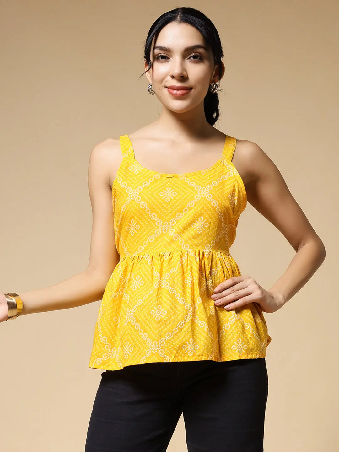 Istyle Can Bandhej Yellow Jaipuri Cotton Printed Scoop Neck Strappy Sleeveless Top for Women My Store