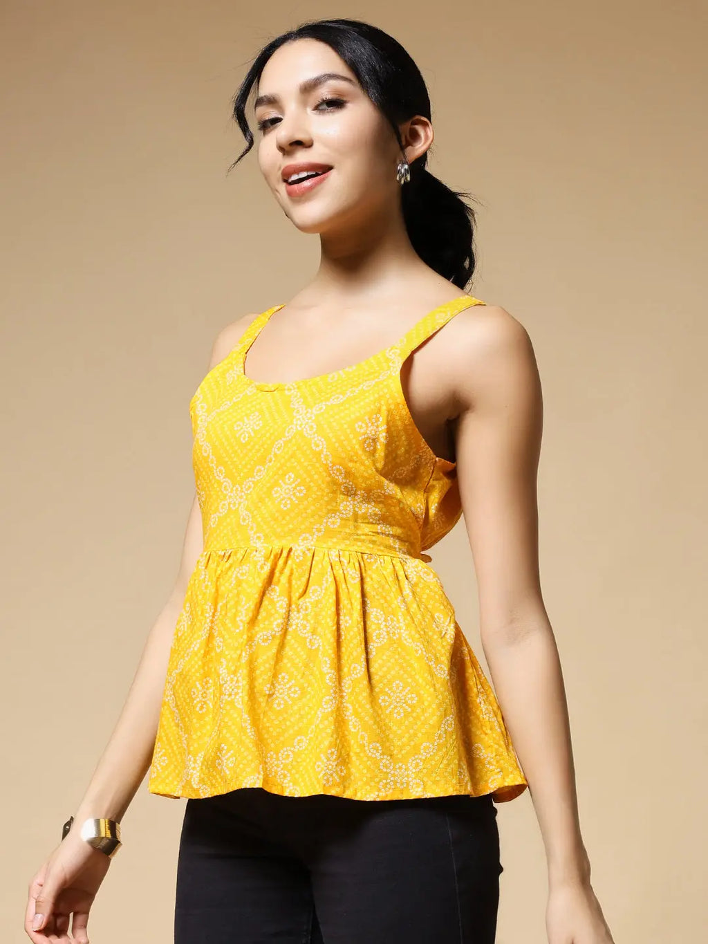 Istyle Can Bandhej Yellow Jaipuri Cotton Printed Scoop Neck Strappy Sleeveless Top for Women My Store