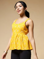 Istyle Can Bandhej Yellow Jaipuri Cotton Printed Scoop Neck Strappy Sleeveless Top for Women My Store