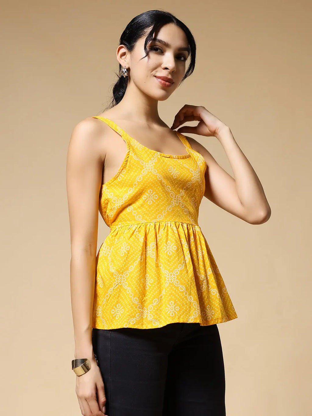 Istyle Can Bandhej Yellow Jaipuri Cotton Printed Scoop Neck Strappy Sleeveless Top for Women My Store