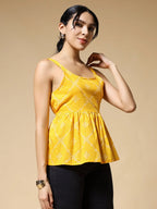 Istyle Can Bandhej Yellow Jaipuri Cotton Printed Scoop Neck Strappy Sleeveless Top for Women My Store