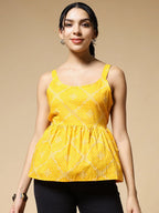 Istyle Can Bandhej Yellow Jaipuri Cotton Printed Scoop Neck Strappy Sleeveless Top for Women My Store