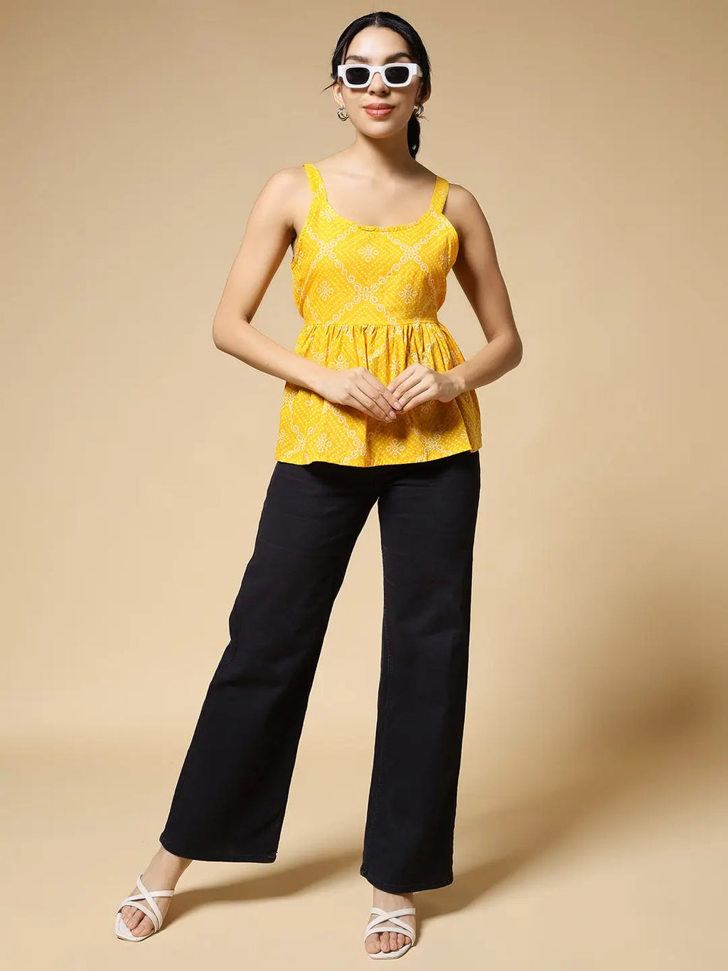 Istyle Can Bandhej Yellow Jaipuri Cotton Printed Scoop Neck Strappy Sleeveless Top for Women My Store