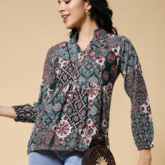 Istyle Can Green Jaipuri Cotton Women's Regular Fit Mandarin Collar Full Sleeve Printed Top My Store