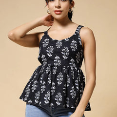 Istyle Can Black Jaipuri Cotton Printed Scoop Neck Strappy Sleeveless Top for Women My Store