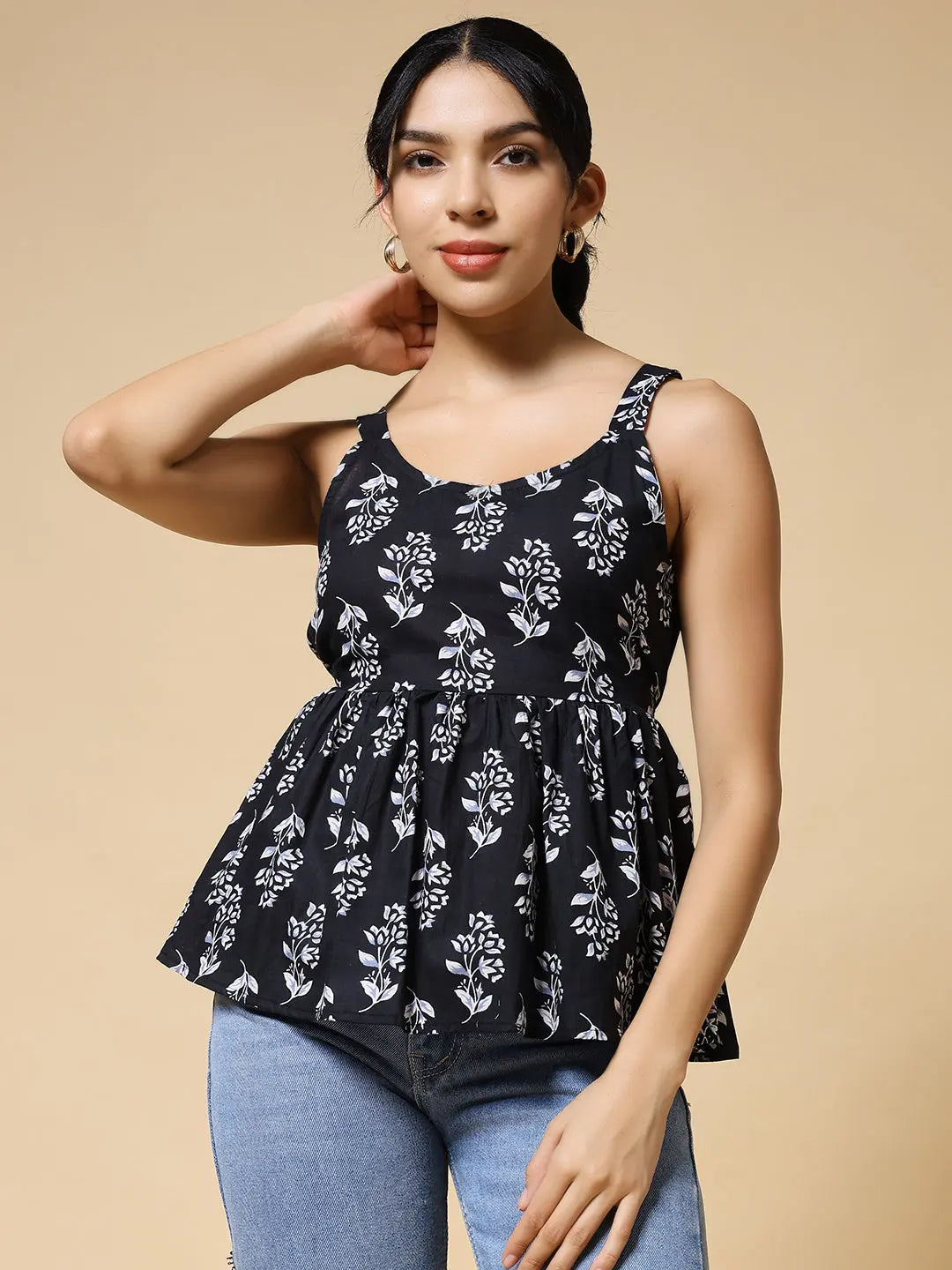 Istyle Can Black Jaipuri Cotton Printed Scoop Neck Strappy Sleeveless Top for Women My Store