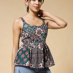 Istyle Can Green Jaipuri Cotton Printed Scoop Neck Strappy Sleeveless Top for Women My Store