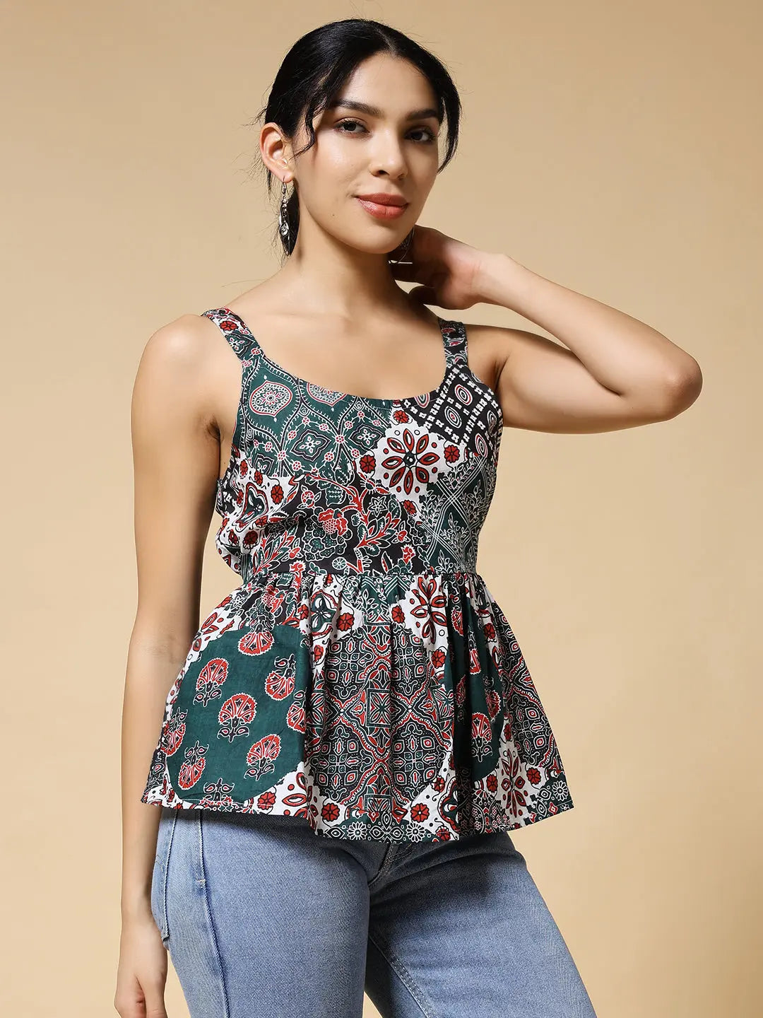 Istyle Can Green Jaipuri Cotton Printed Scoop Neck Strappy Sleeveless Top for Women My Store Main image