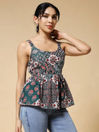 Istyle Can Green Jaipuri Cotton Printed Scoop Neck Strappy Sleeveless Top for Women My Store