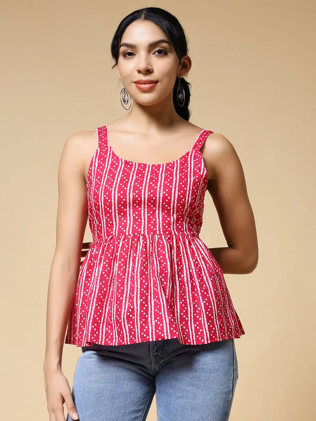 Istyle Can Pink Jaipuri Cotton Printed Scoop Neck Strappy Sleeveless Top for Women My Store