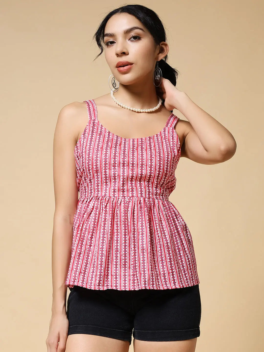 Istyle Can Peach Jaipuri Cotton Printed Scoop Neck Strappy Sleeveless Top for Women My Store Main image