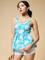 Istyle Can Sky Blue Tropical Jaipuri Cotton Printed Scoop Neck Strappy Sleeveless Top for Women My Store