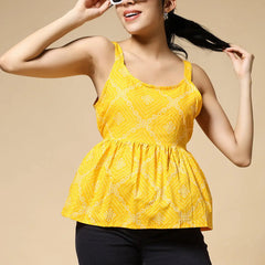 Istyle Can Bandhej Yellow Jaipuri Cotton Printed Scoop Neck Strappy Sleeveless Top for Women My Store